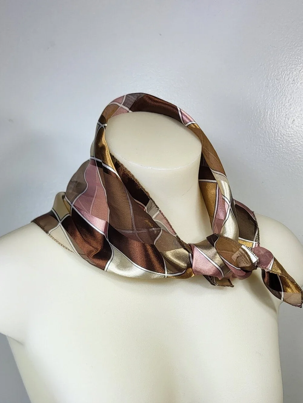1960's 70's Style Silk-Feel Plaid Neck Scarf in Brown and Gold 20